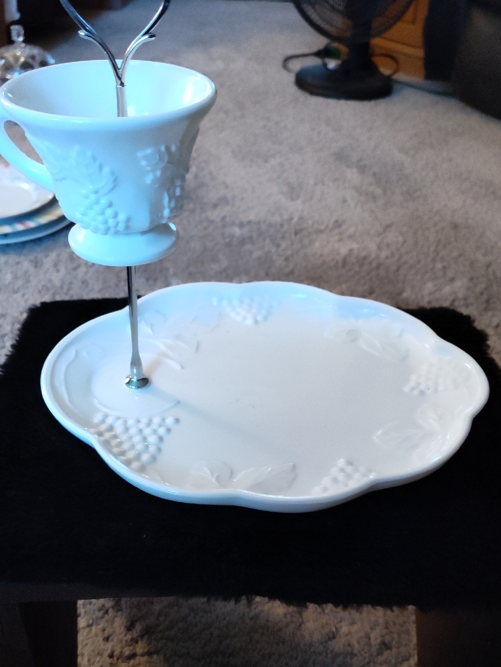 White Milk Glass Two-Tier Serving Tray - Jewelry Standwith Sculpted Grape Motif